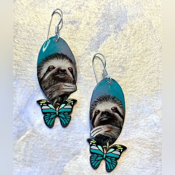 Handpainted three toed sloth earrings enamel butterfly charm sterling wires OOAK - Picture 3 of 5